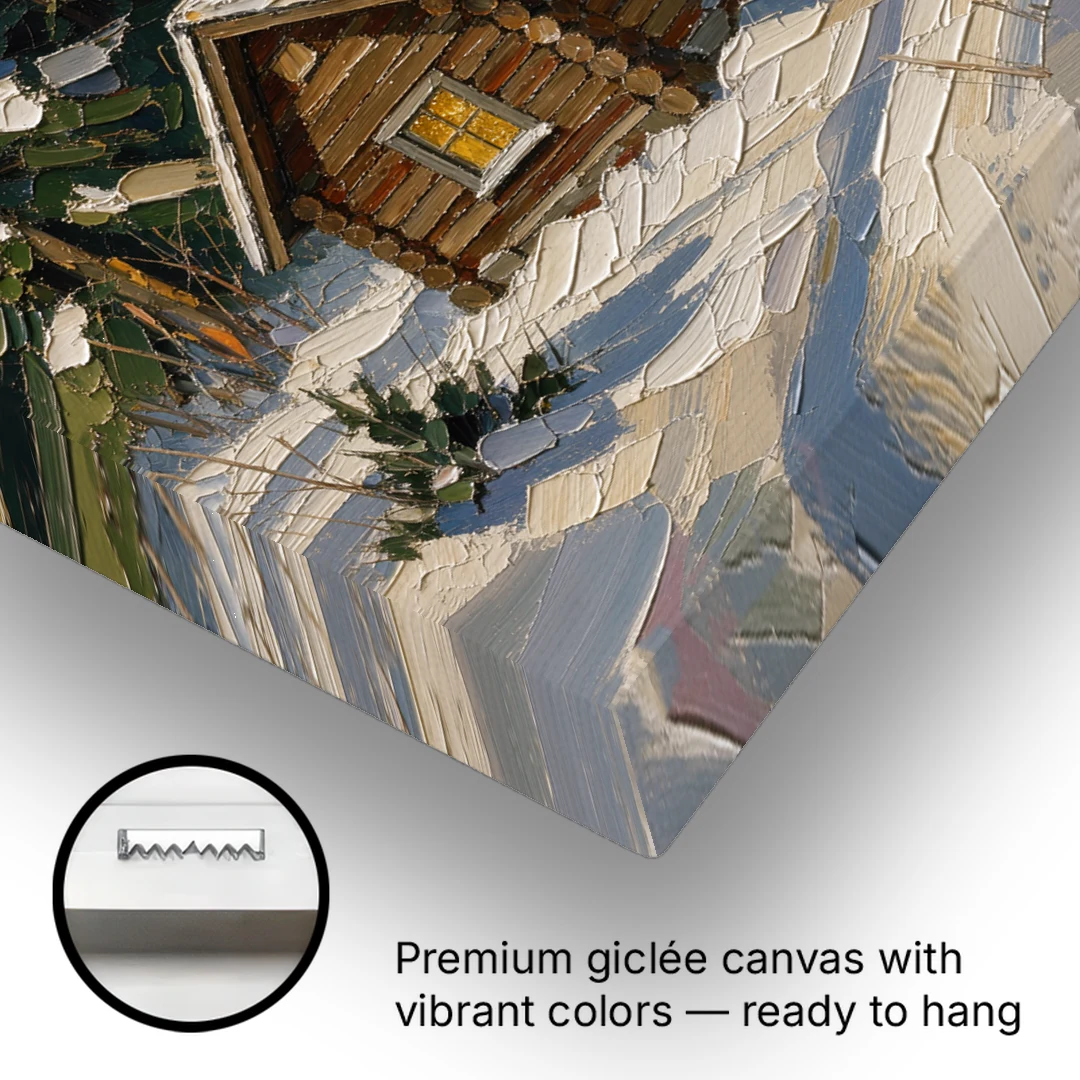 Snowy Cabin Painting Under the Passing Sleigh - Canvas Wall Art - Gallery Wrap Corner