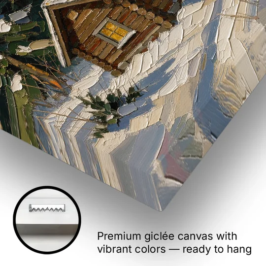 Snowy Cabin Painting Under the Passing Sleigh - Canvas Wall Art - Gallery Wrap Corner