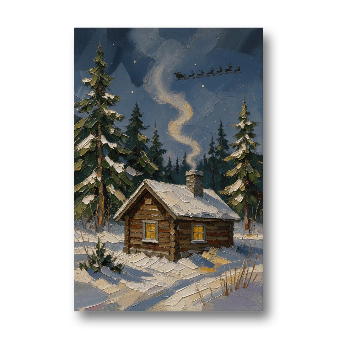 Snowy Cabin Painting Under the Passing Sleigh - Canvas Wall Art - Front