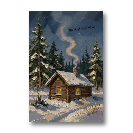 Snowy Cabin Painting Under the Passing Sleigh - Canvas Wall Art - Front