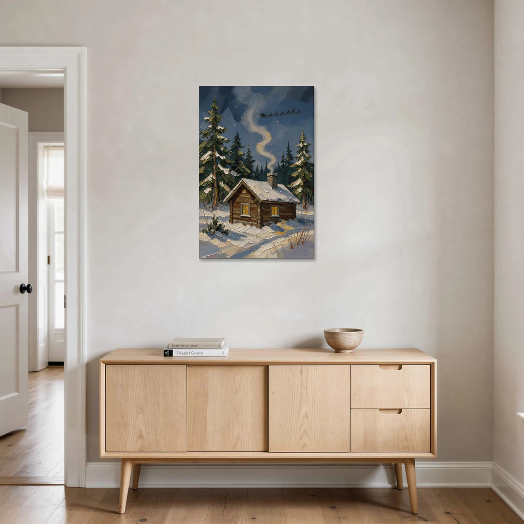 Snowy Cabin Painting Under the Passing Sleigh - Canvas Wall Art - Coffee Table - 24x36