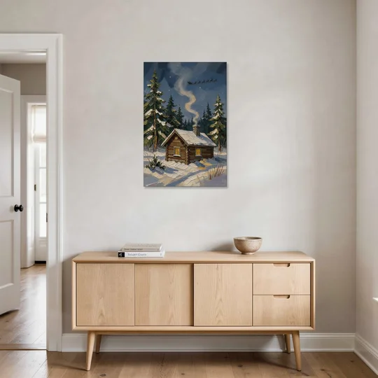 Snowy Cabin Painting Under the Passing Sleigh - Canvas Wall Art - Coffee Table - 24x36