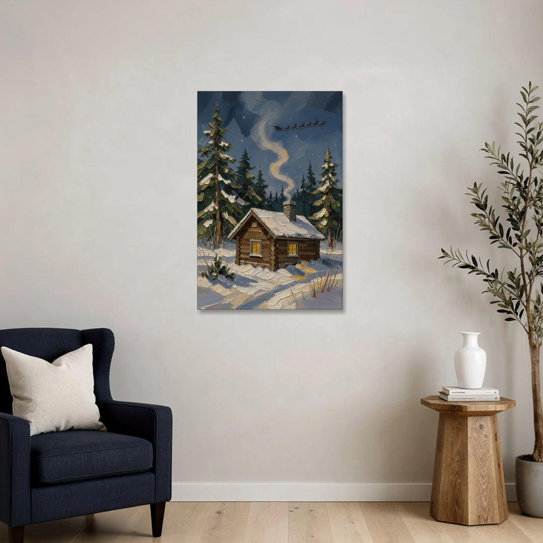 Snowy Cabin Painting Under the Passing Sleigh - Canvas Wall Art - Sofa - 24x36