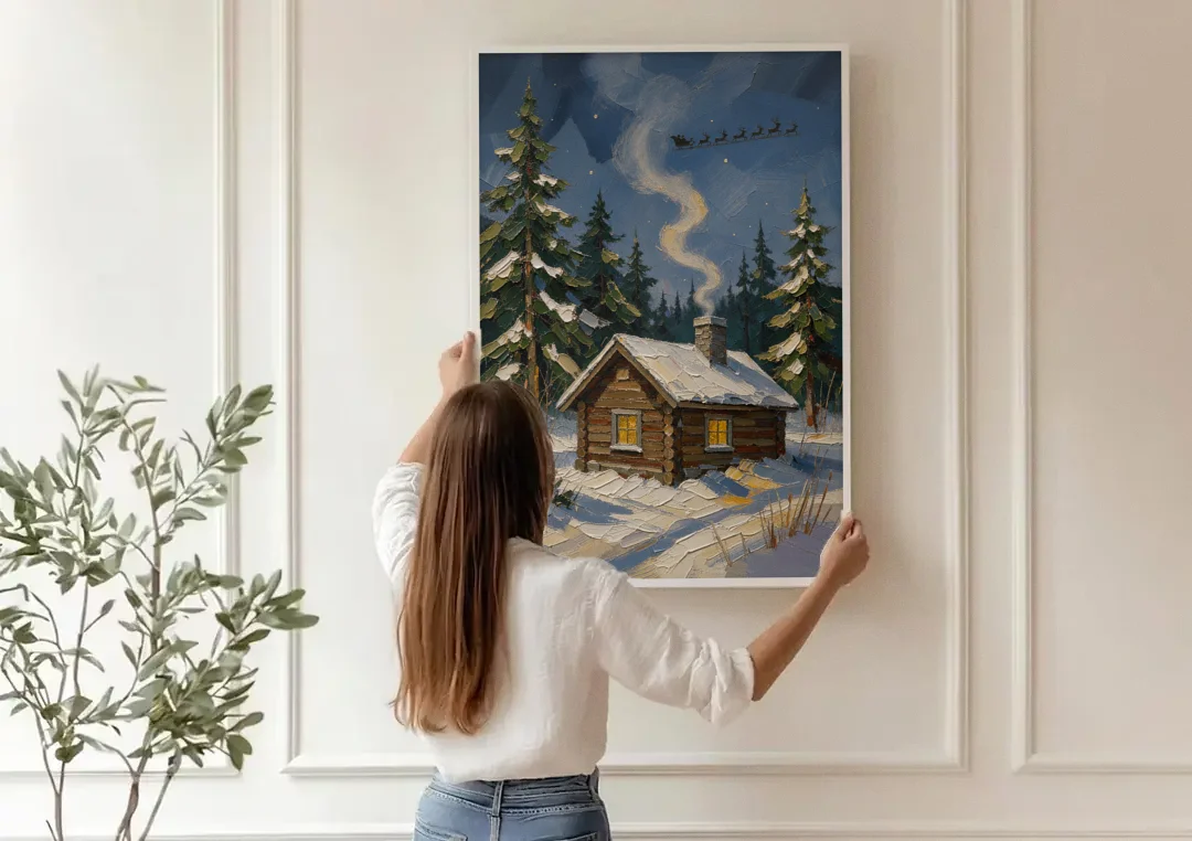 Snowy Cabin Painting Under the Passing Sleigh canvas wall art being hung on a paneled wall
