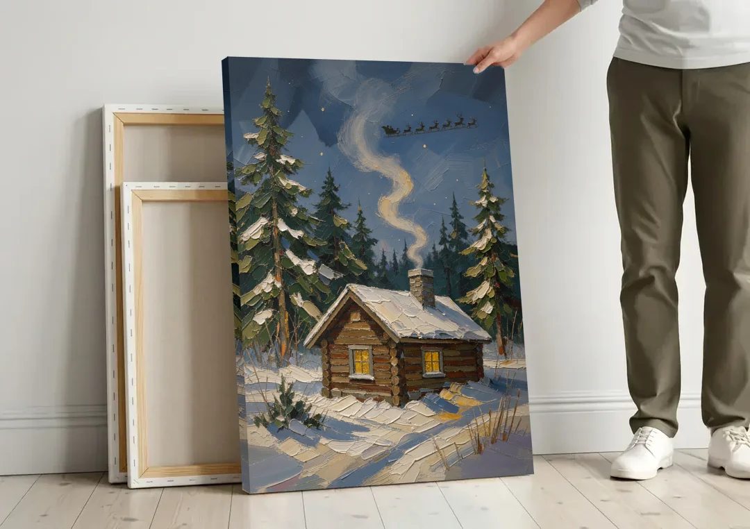 Snowy Cabin Painting Under the Passing Sleigh canvas wall art leaning against a wall next to blank canvases