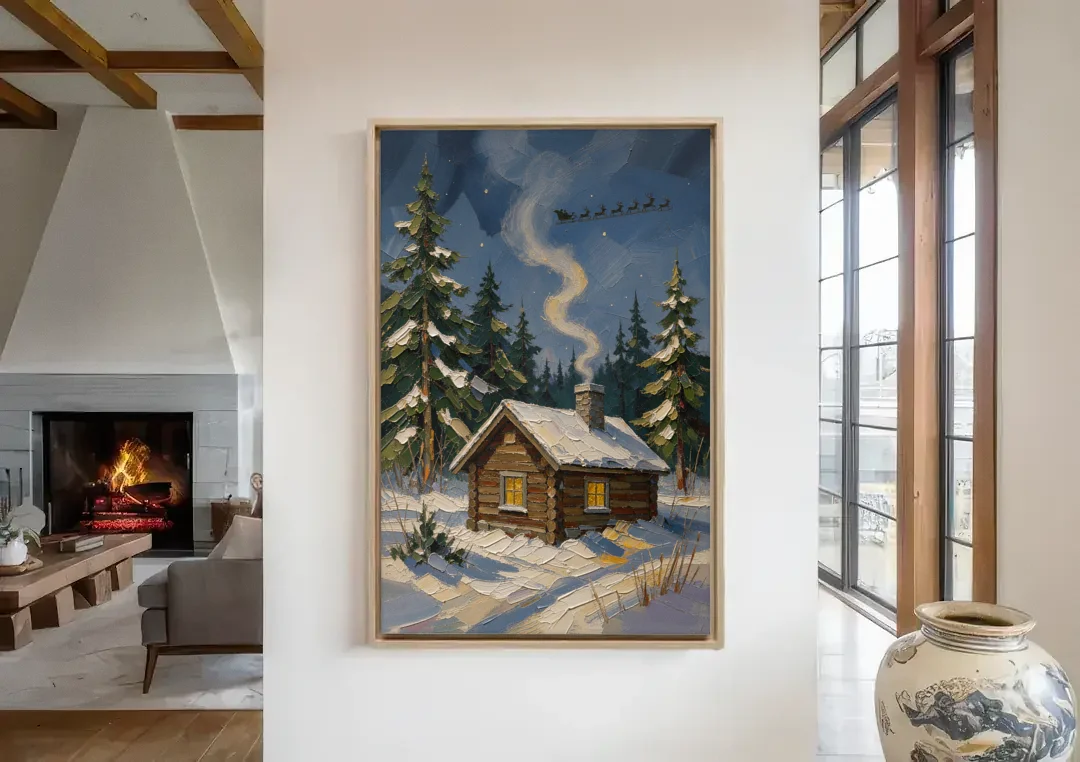 Snowy Cabin Painting Under the Passing Sleigh canvas wall art in a living room with a fireplace