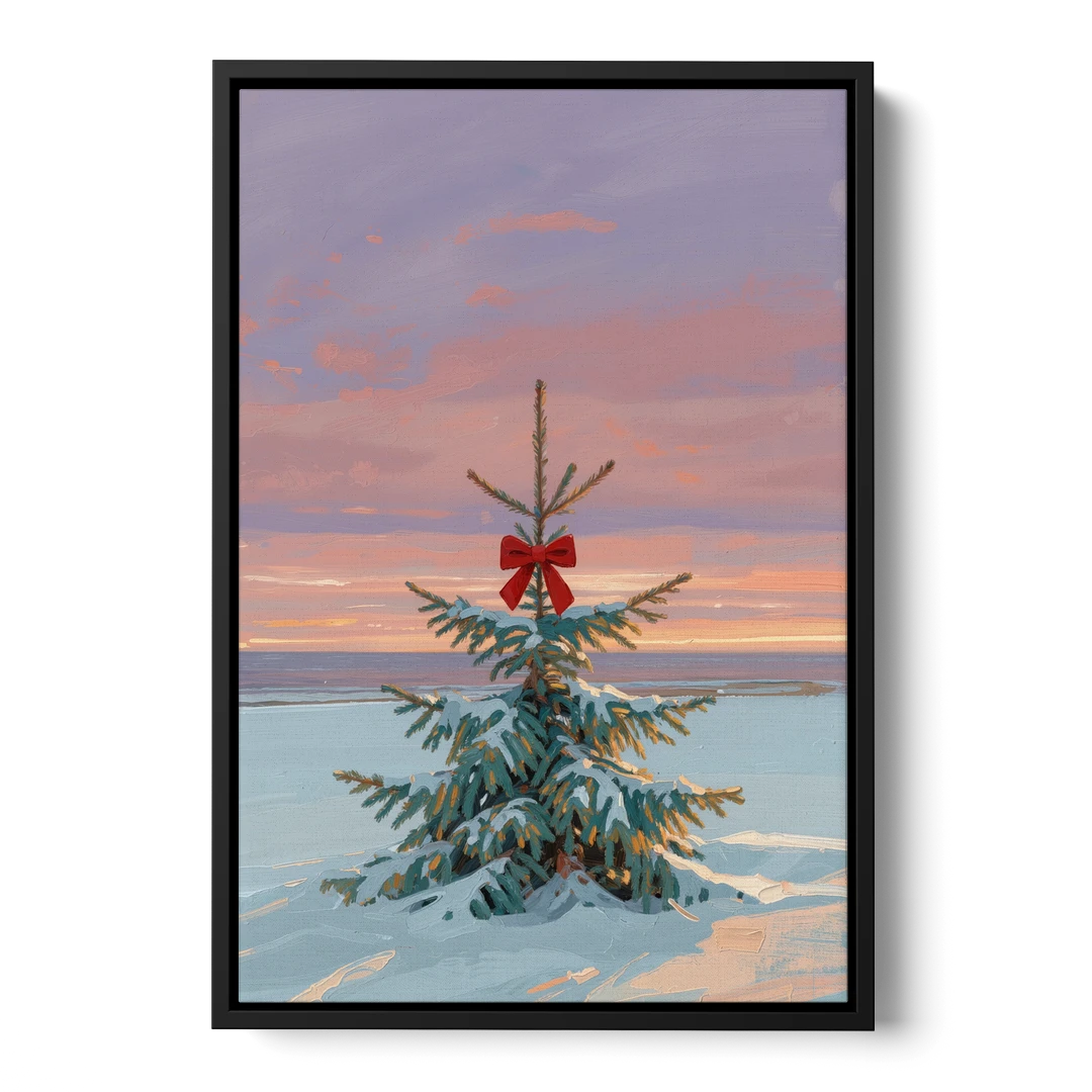 Snowy Fir with Red Bow at Twilight - Black Framed Canvas Wall Art - Front