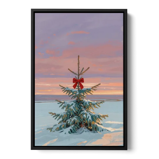 Snowy Fir with Red Bow at Twilight - Black Framed Canvas Wall Art - Front