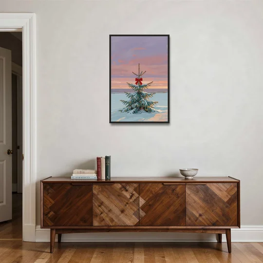Snowy Fir with Red Bow at Twilight - Black Framed Canvas Wall Art - Coffee Table - 24x36