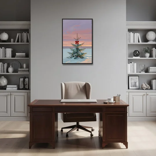 Snowy Fir with Red Bow at Twilight - Black Framed Canvas Wall Art - Office - 24x36