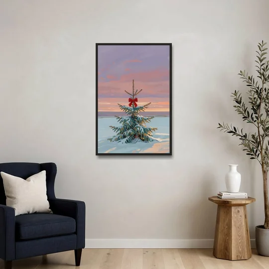 Snowy Fir with Red Bow at Twilight - Black Framed Canvas Wall Art - Sofa - 24x36
