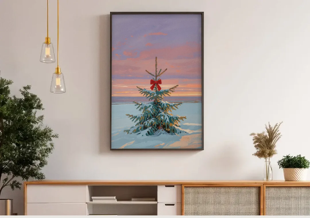 Snowy Fir with Red Bow at Twilight canvas wall art above a wooden sideboard under pendant lights