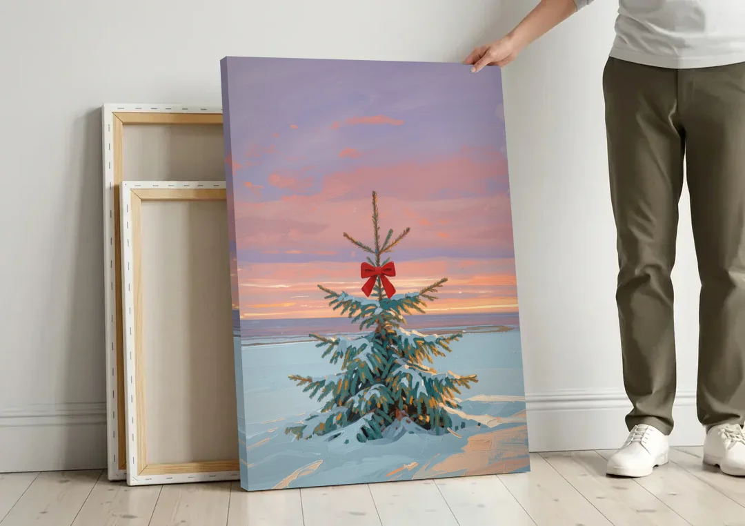 Snowy Fir with Red Bow at Twilight canvas wall art leaning against a wall next to blank canvases