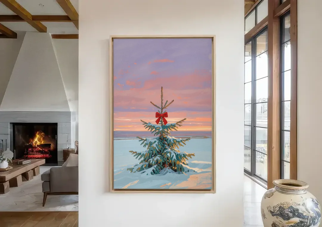 Snowy Fir with Red Bow at Twilight canvas wall art in a living room with a fireplace