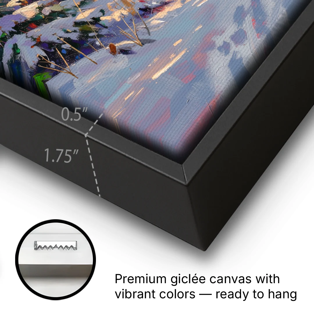 Snowy Mountain Painting at Last Light - Black Framed Canvas Wall Art - Gallery Wrap Corner