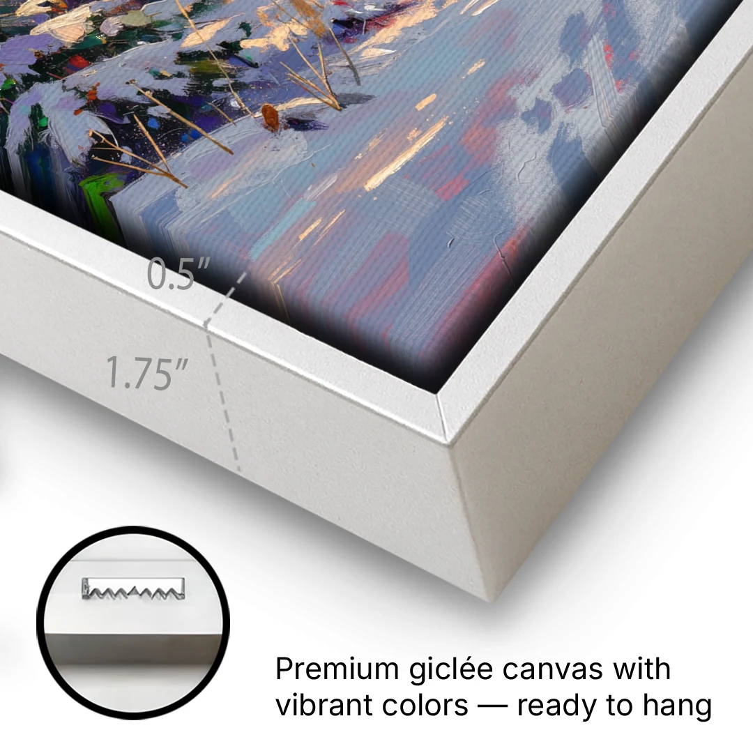 Snowy Mountain Painting at Last Light - White Framed Canvas Wall Art - Gallery Wrap Corner