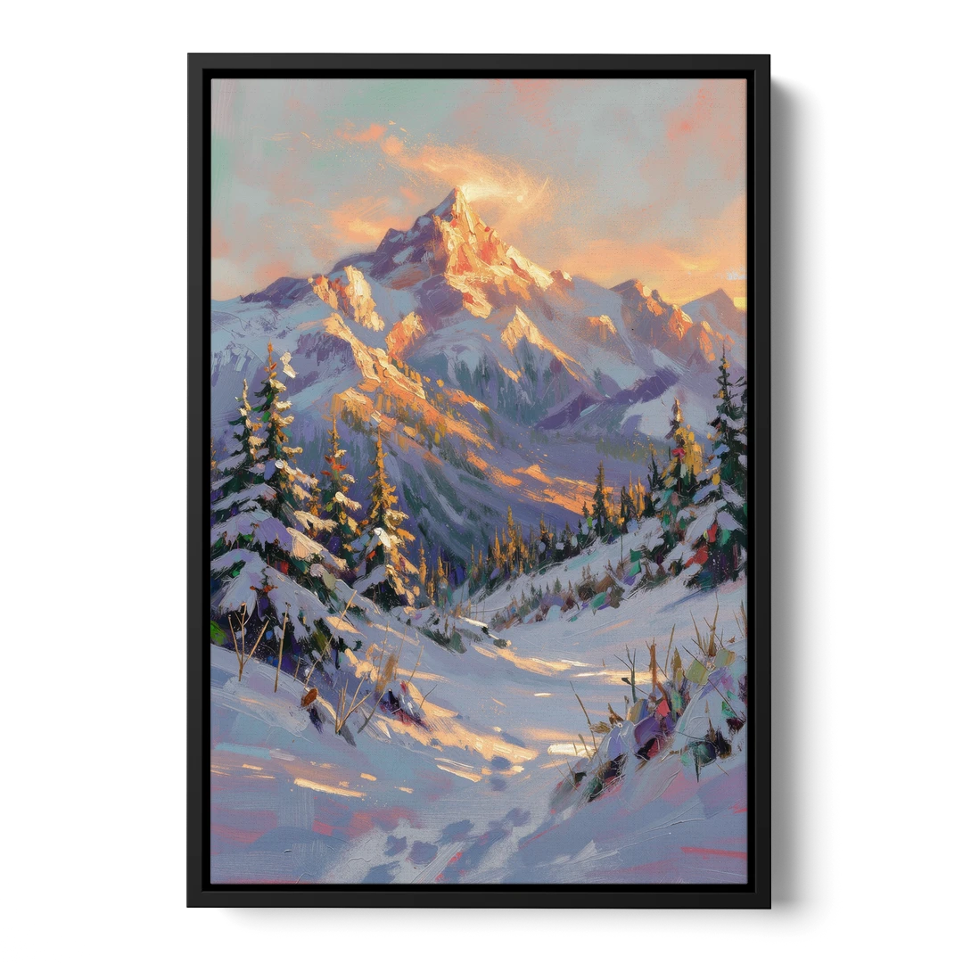 Snowy Mountain Painting at Last Light - Black Framed Canvas Wall Art - Front