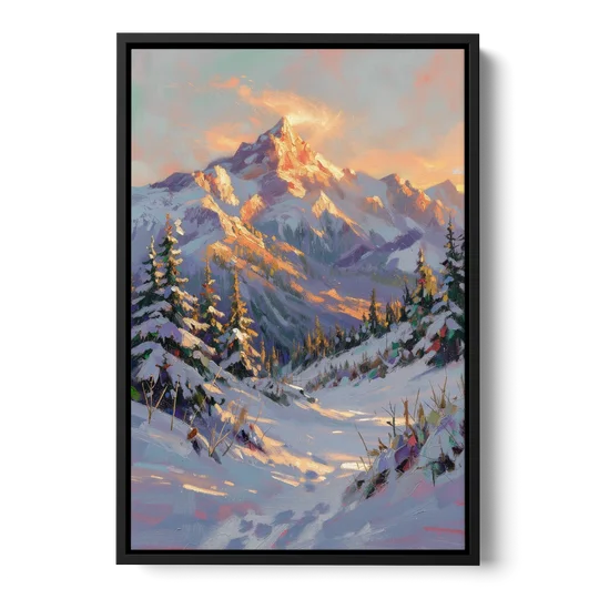 Snowy Mountain Painting at Last Light - Black Framed Canvas Wall Art - Front