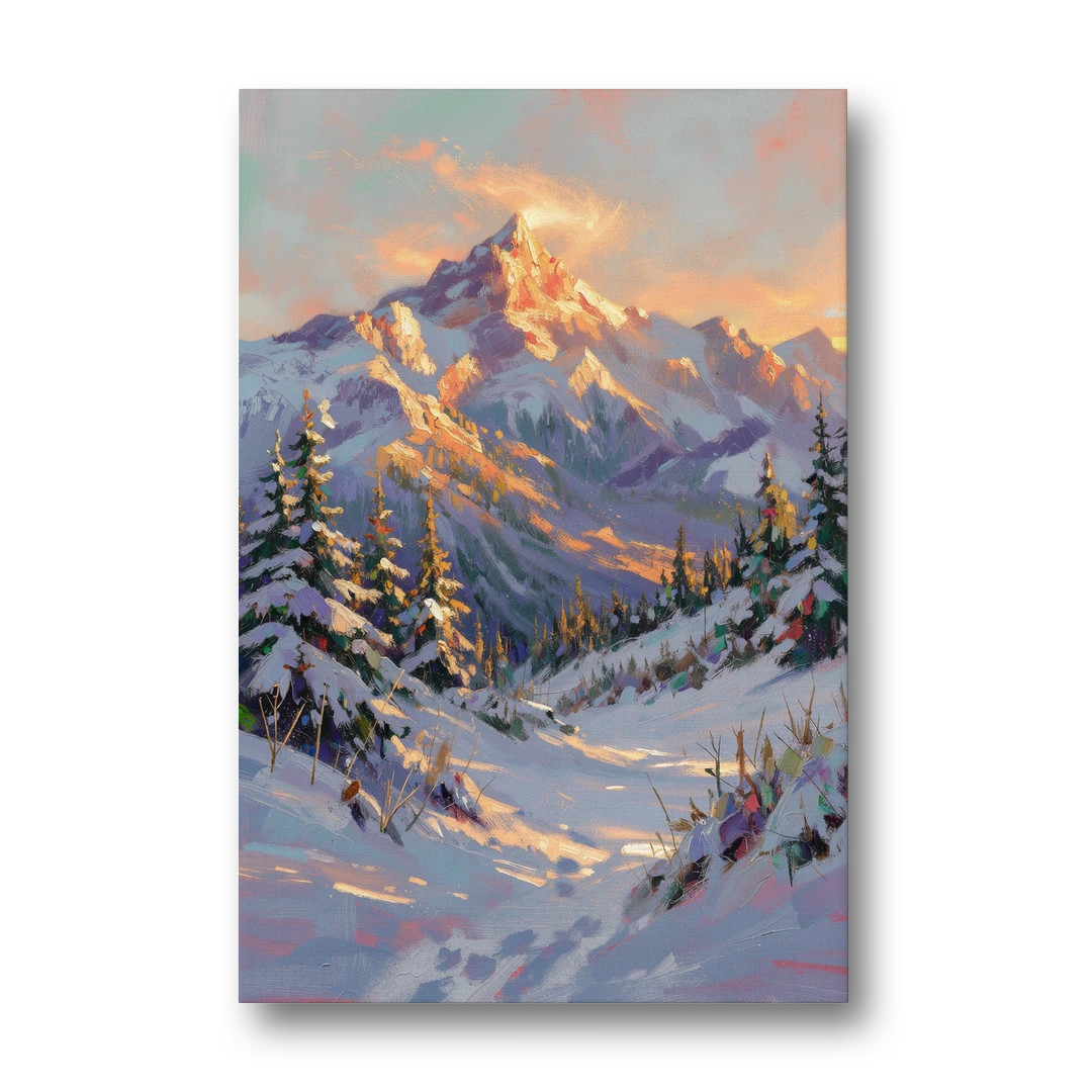 Snowy Mountain Painting at Last Light - Canvas Wall Art - Front