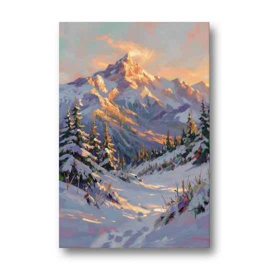 Snowy Mountain Painting at Last Light - Canvas Wall Art - Front