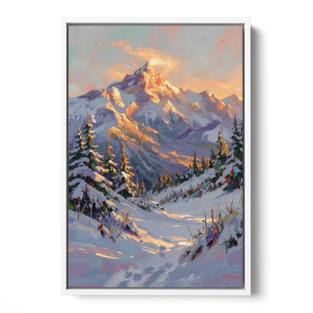 Snowy Mountain Painting at Last Light - White Framed Canvas Wall Art - Front