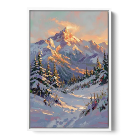 Snowy Mountain Painting at Last Light - White Framed Canvas Wall Art - Front