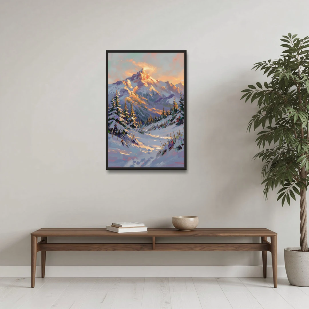 Snowy Mountain Painting at Last Light - Black Framed Canvas Wall Art - Coffee Table - 24x36