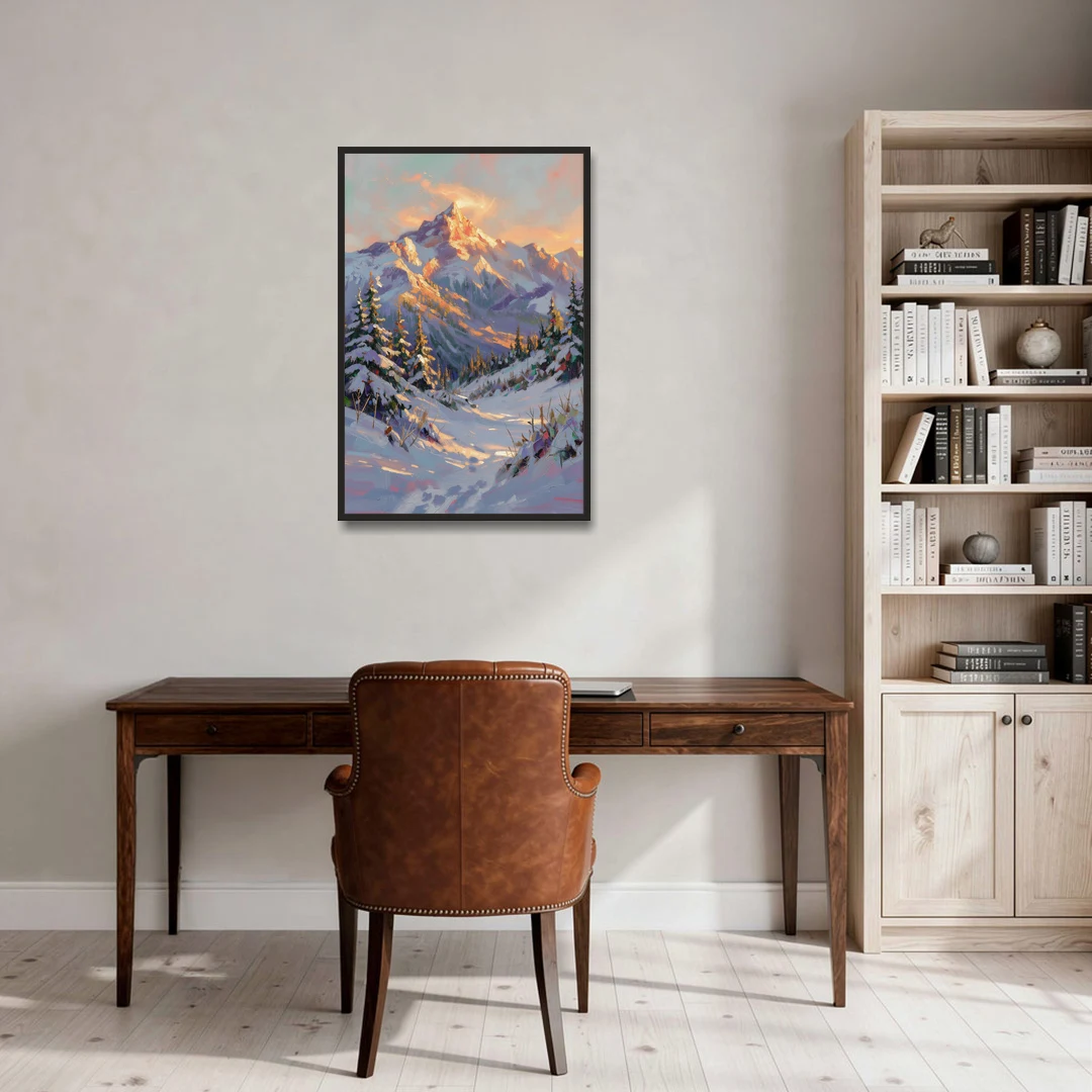 Snowy Mountain Painting at Last Light - Black Framed Canvas Wall Art - Office - 24x36