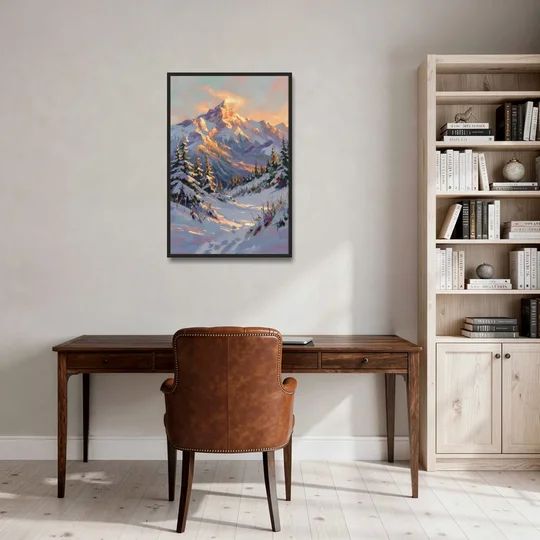 Snowy Mountain Painting at Last Light - Black Framed Canvas Wall Art - Office - 24x36
