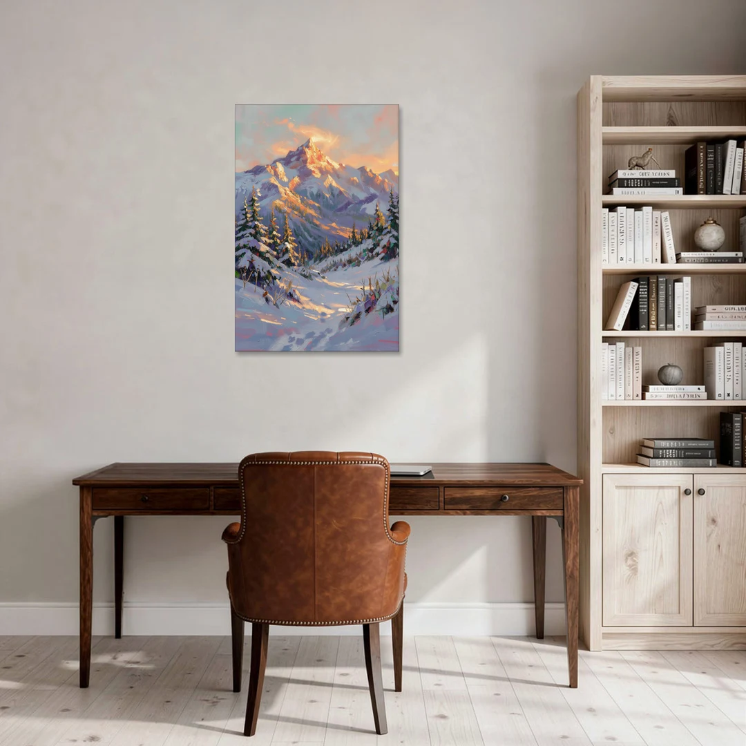 Snowy Mountain Painting at Last Light - Canvas Wall Art - Office - 24x36
