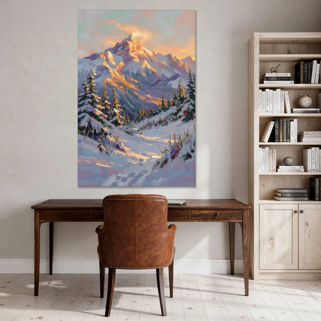 Snowy Mountain Painting at Last Light - Canvas Wall Art - Office - 40x60