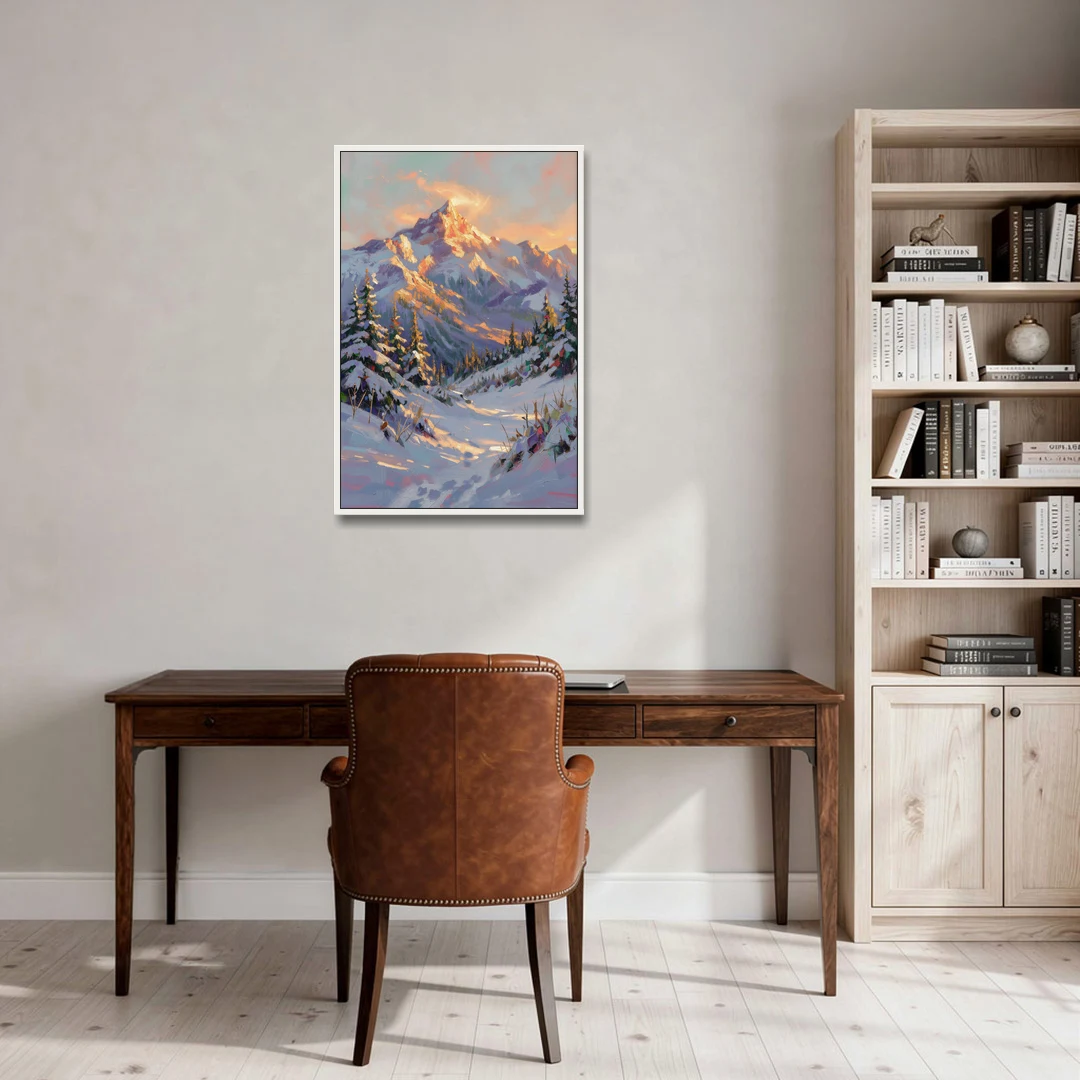 Snowy Mountain Painting at Last Light - White Framed Canvas Wall Art - Office - 24x36