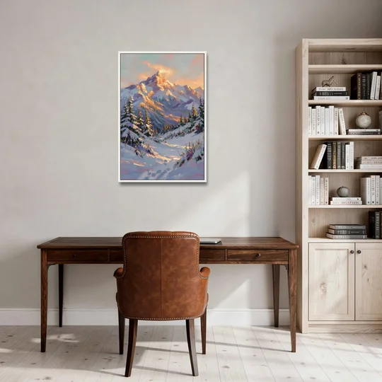Snowy Mountain Painting at Last Light - White Framed Canvas Wall Art - Office - 24x36