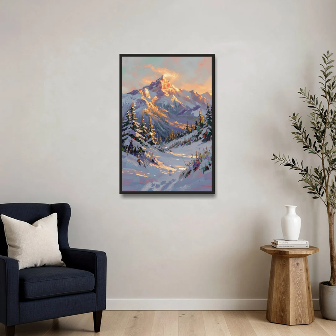 Snowy Mountain Painting at Last Light - Black Framed Canvas Wall Art - Sofa - 24x36
