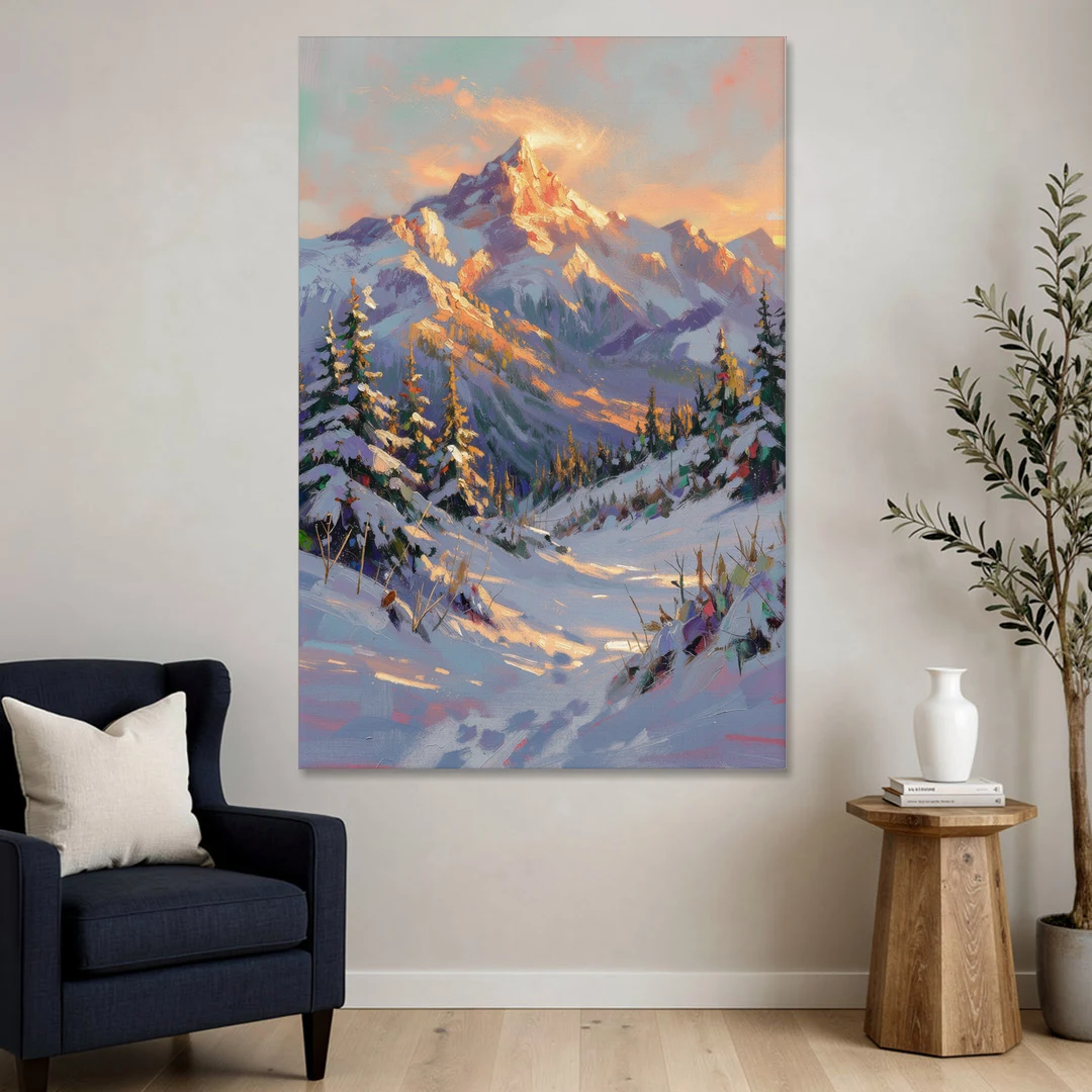 Snowy Mountain Painting at Last Light - Canvas Wall Art - Sofa - 40x60