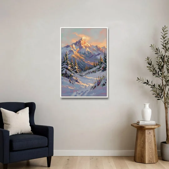 Snowy Mountain Painting at Last Light - White Framed Canvas Wall Art - Sofa - 24x36
