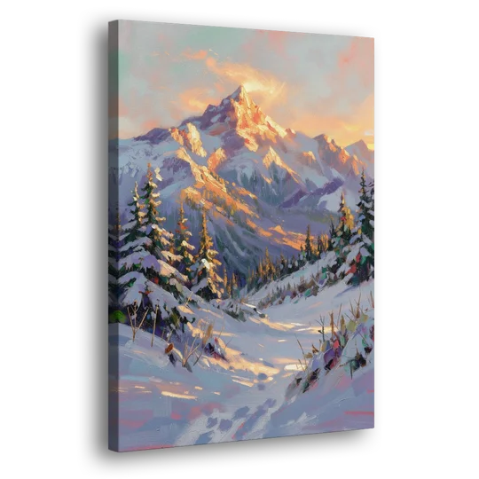 Snowy Mountain Painting at Last Light - Canvas Wall Art - Side