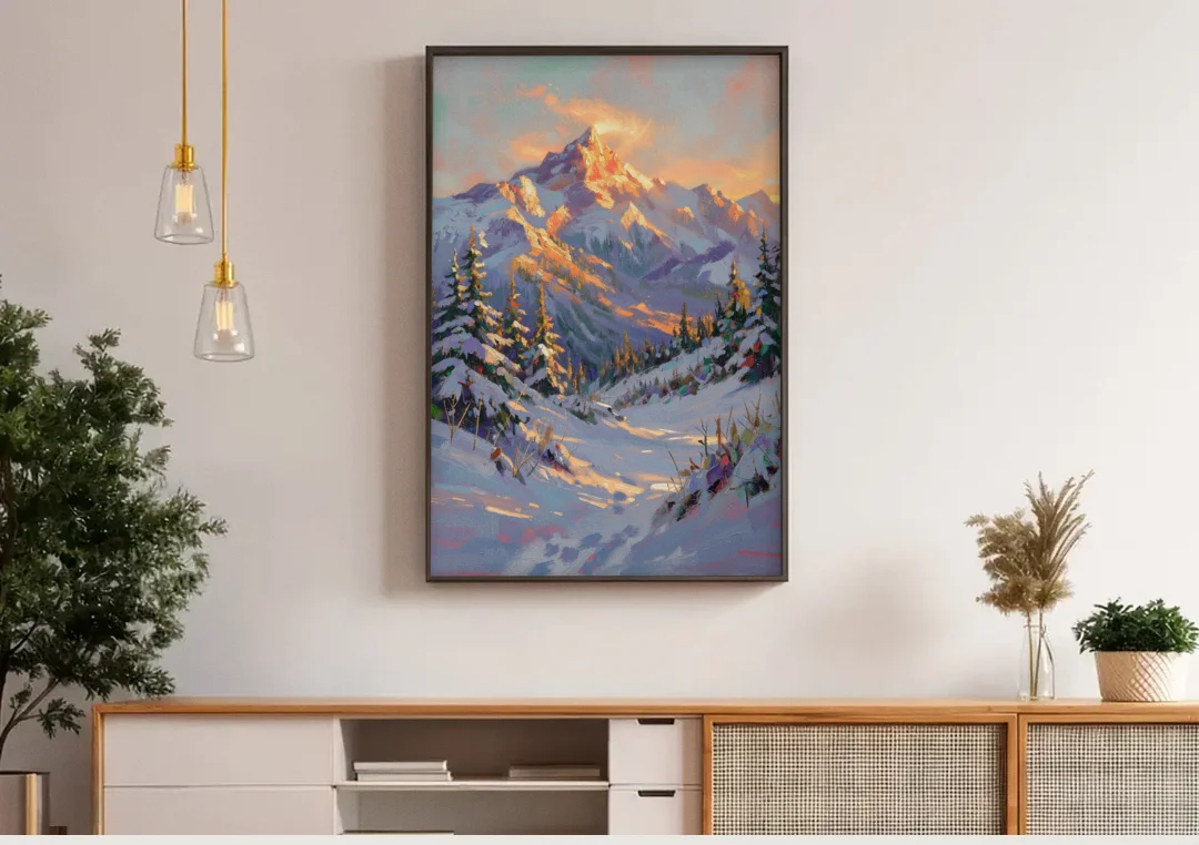 Snowy Mountain Painting at Last Light canvas wall art above a wooden sideboard under pendant lights