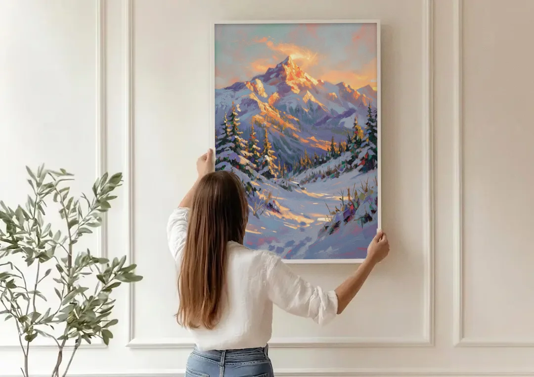 Snowy Mountain Painting at Last Light canvas wall art being hung on a paneled wall