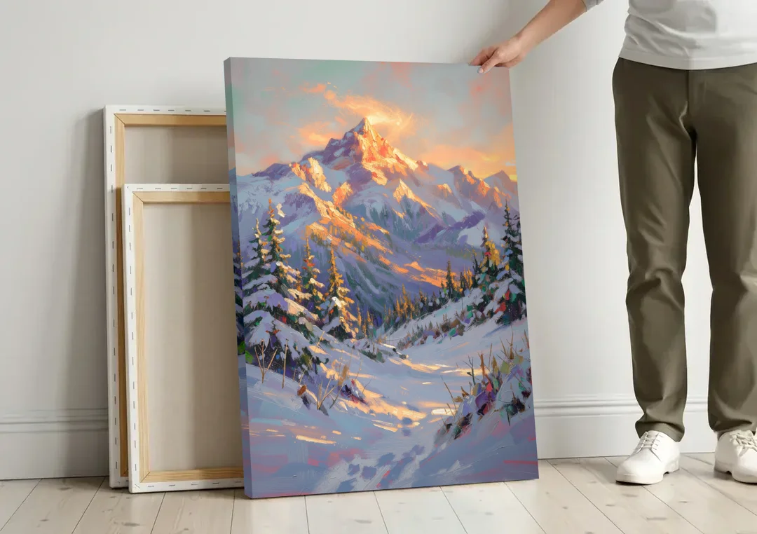 Snowy Mountain Painting at Last Light canvas wall art leaning against a wall next to blank canvases