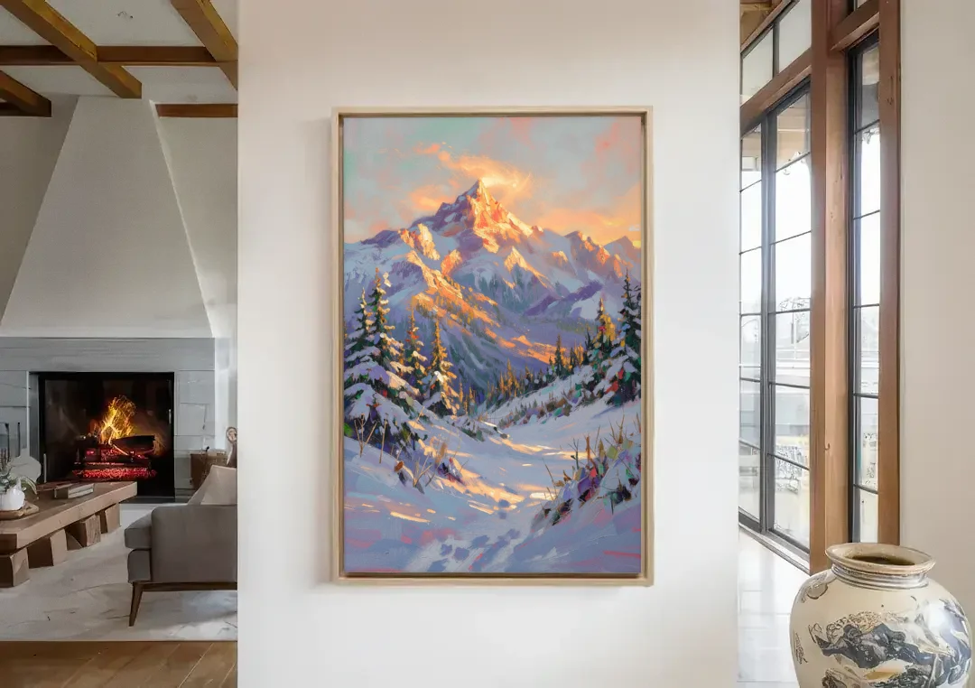 Snowy Mountain Painting at Last Light canvas wall art in a living room with a fireplace