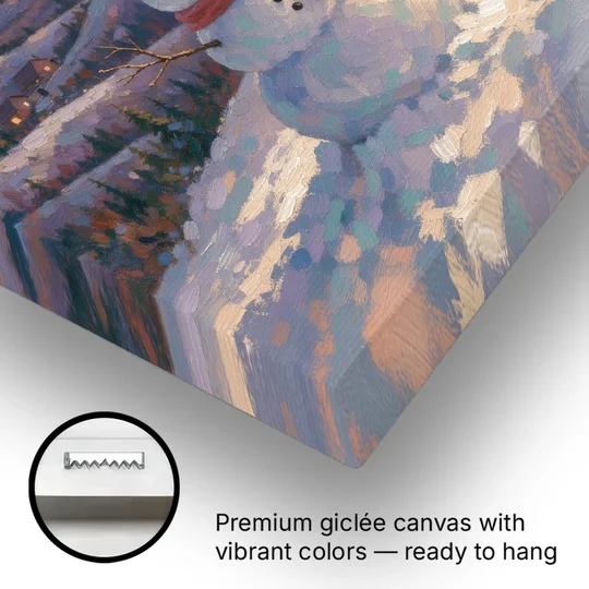 Snowy Night Painting with a Hilltop Snowman - Canvas Wall Art - Gallery Wrap Corner