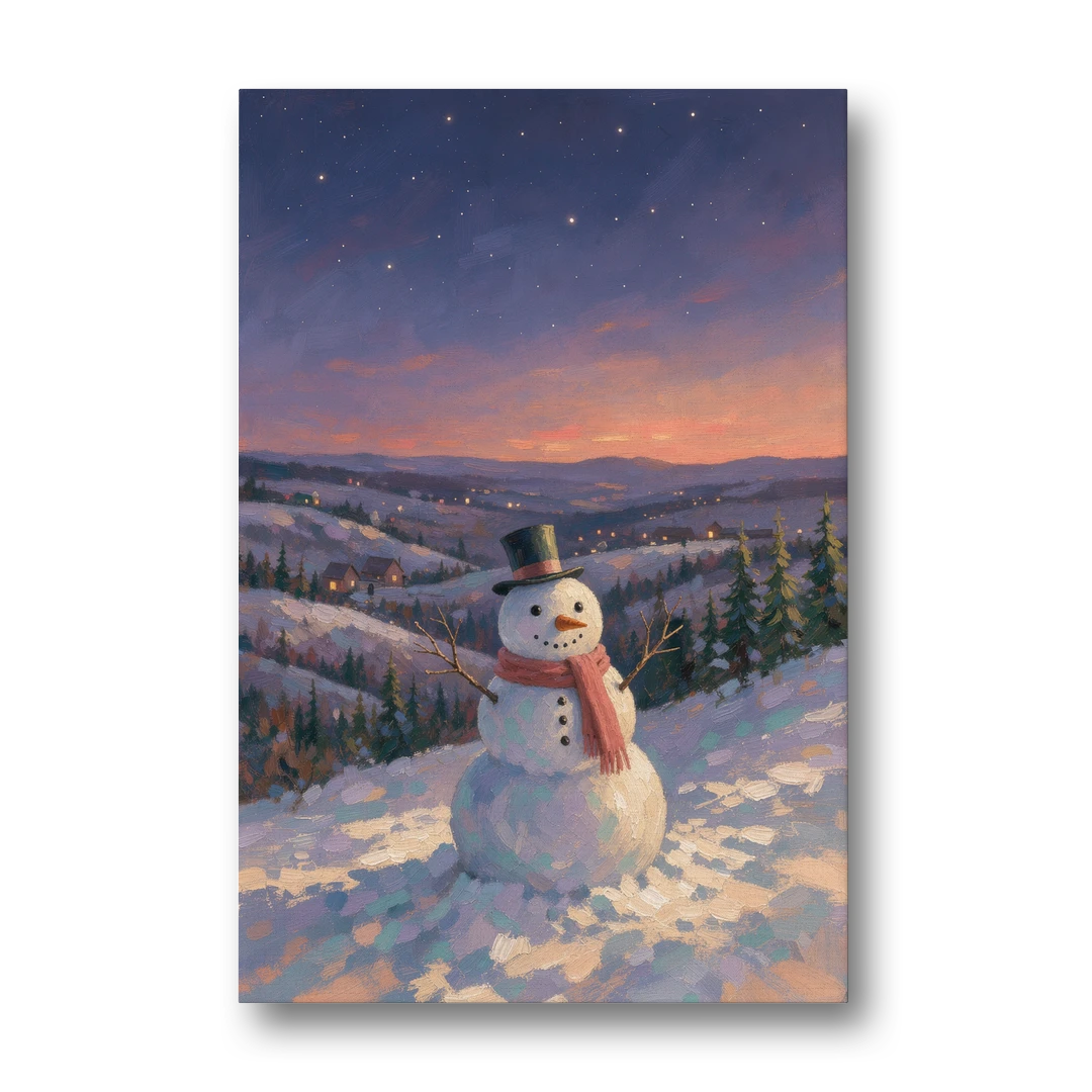 Snowy Night Painting with a Hilltop Snowman - Canvas Wall Art - Front