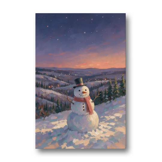 Snowy Night Painting with a Hilltop Snowman - Canvas Wall Art - Front