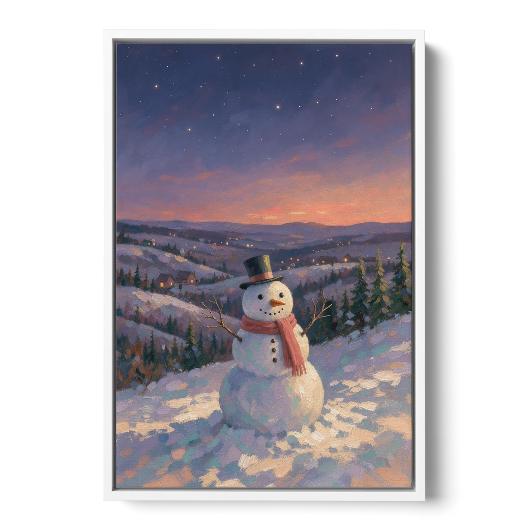 Snowy Night Painting with a Hilltop Snowman - White Framed Canvas Wall Art - Front