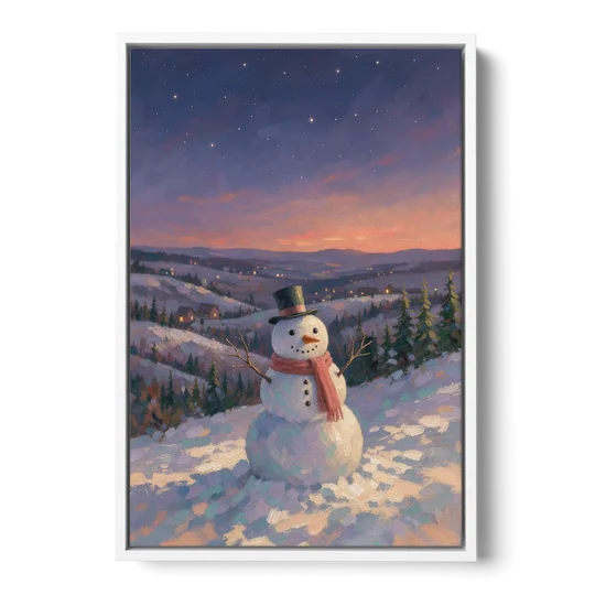 Snowy Night Painting with a Hilltop Snowman - White Framed Canvas Wall Art - Front