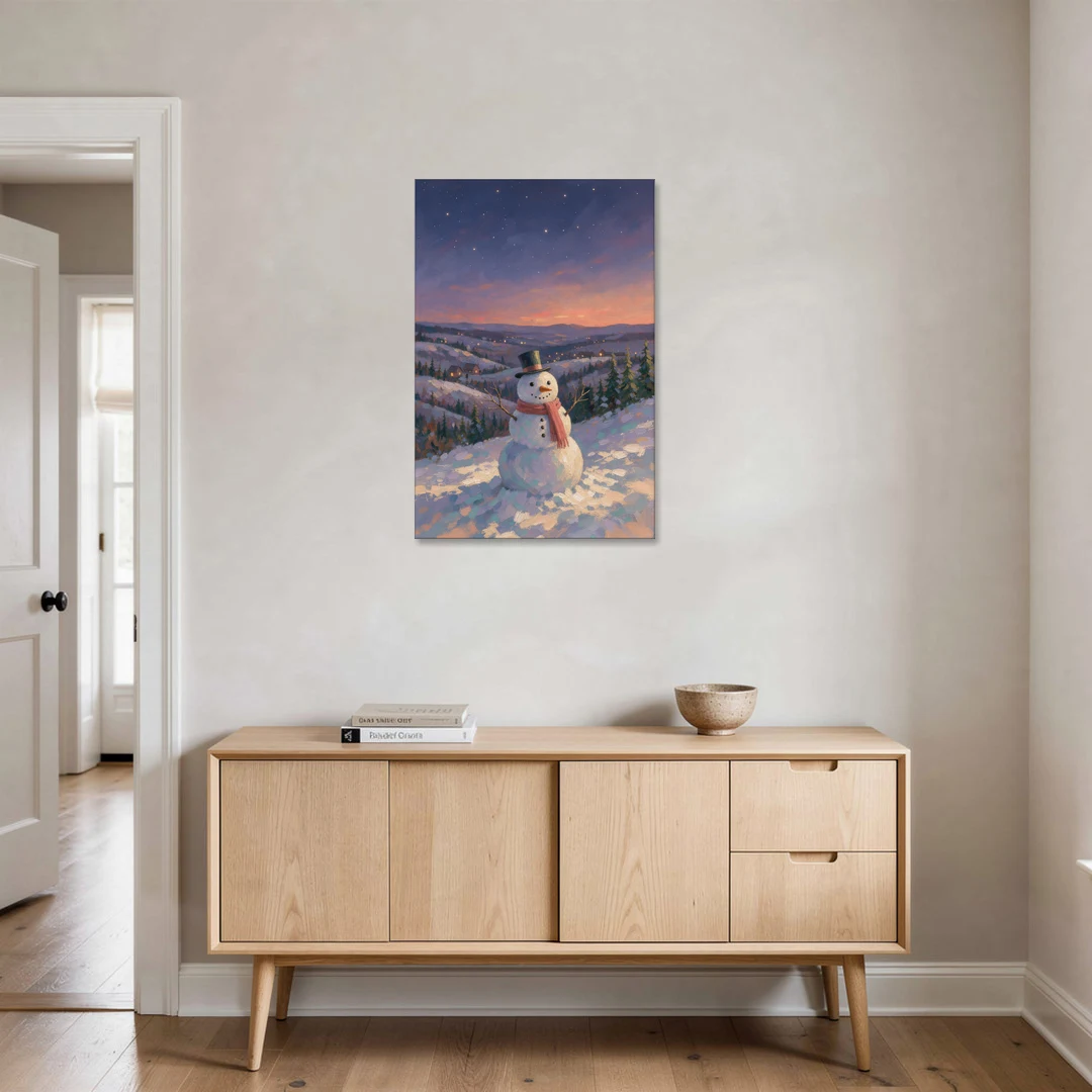 Snowy Night Painting with a Hilltop Snowman - Canvas Wall Art - Coffee Table - 24x36