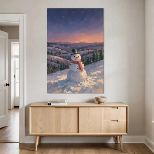 Snowy Night Painting with a Hilltop Snowman - Canvas Wall Art - Coffee Table - 40x60