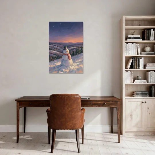 Snowy Night Painting with a Hilltop Snowman - Canvas Wall Art - Office - 24x36
