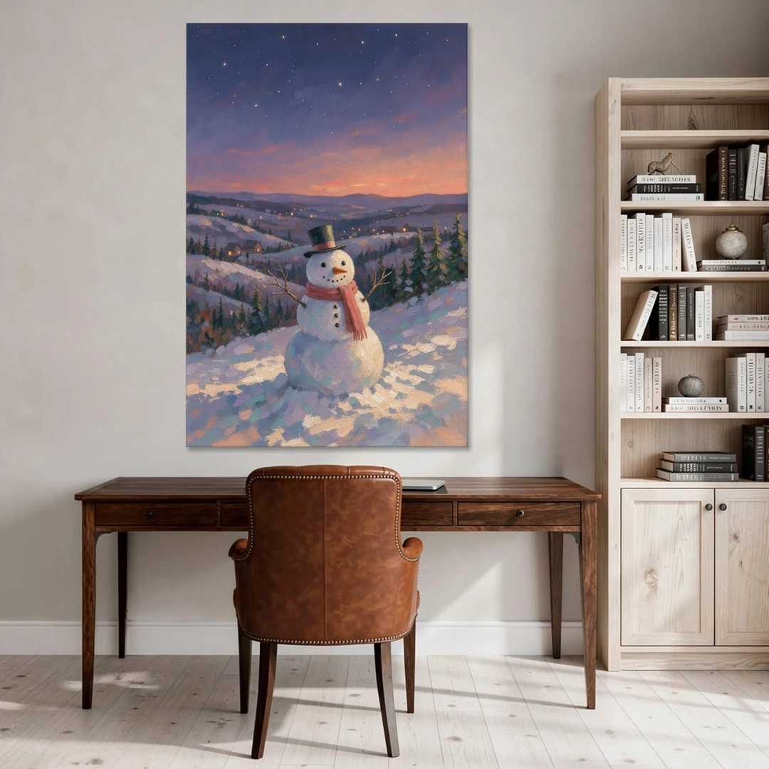 Snowy Night Painting with a Hilltop Snowman - Canvas Wall Art - Office - 40x60
